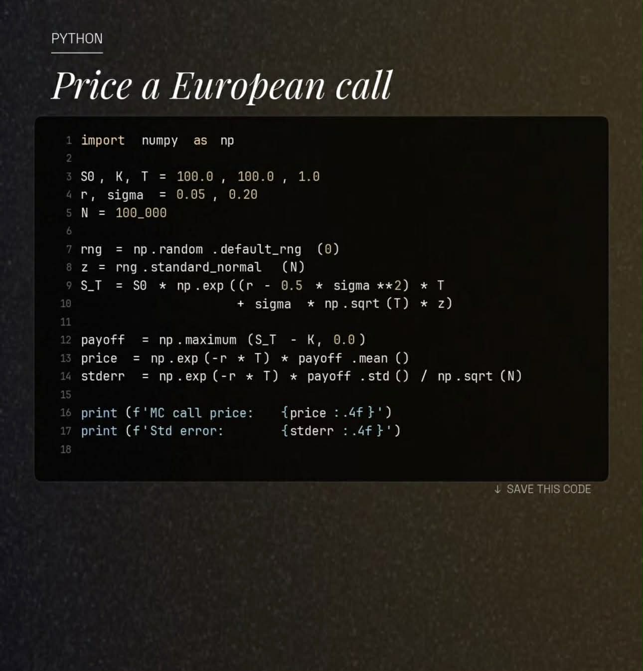 Python snippet pricing a European call